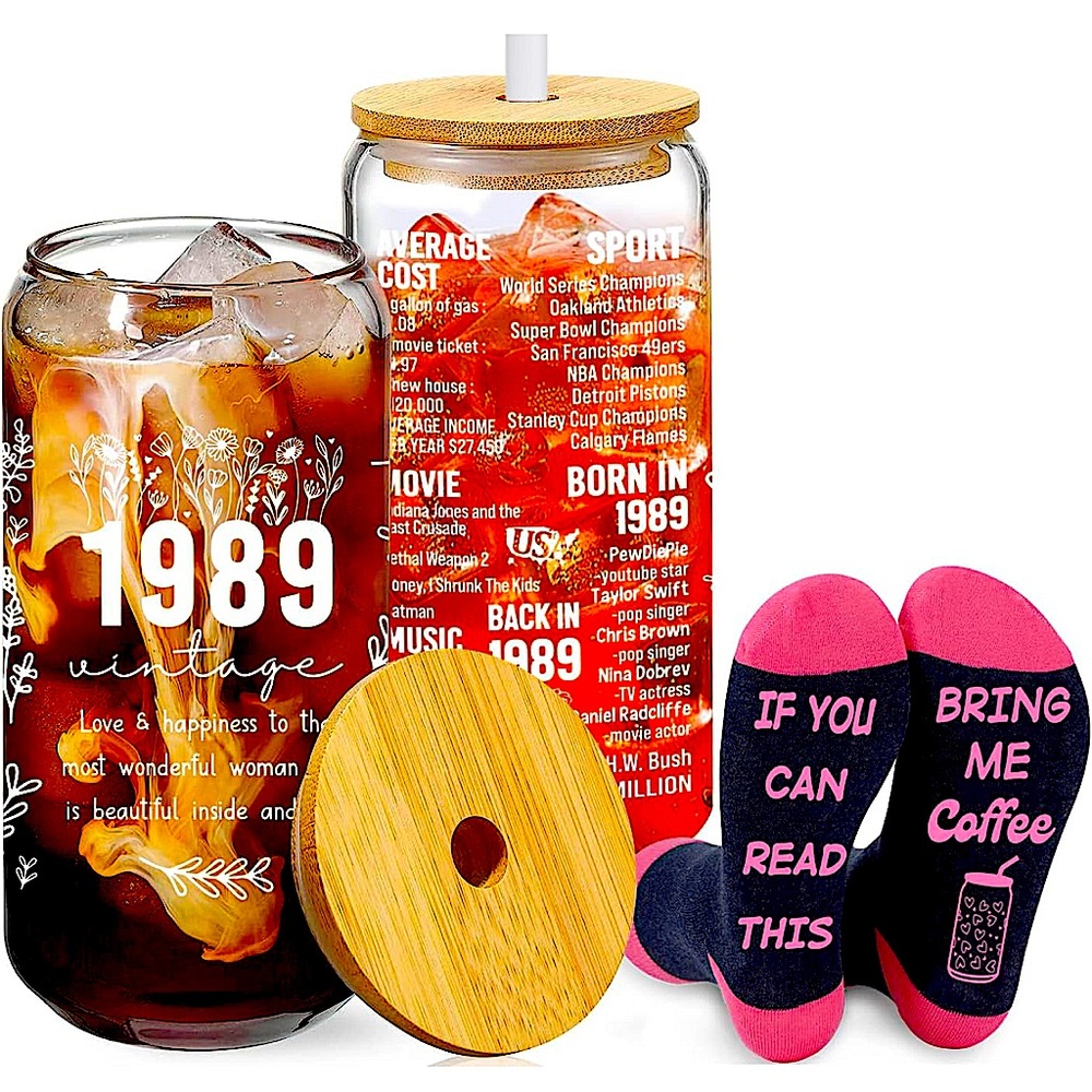 NWT 1989 Birthday Gift Set Can Glass Tumblers Socks Birthday Women